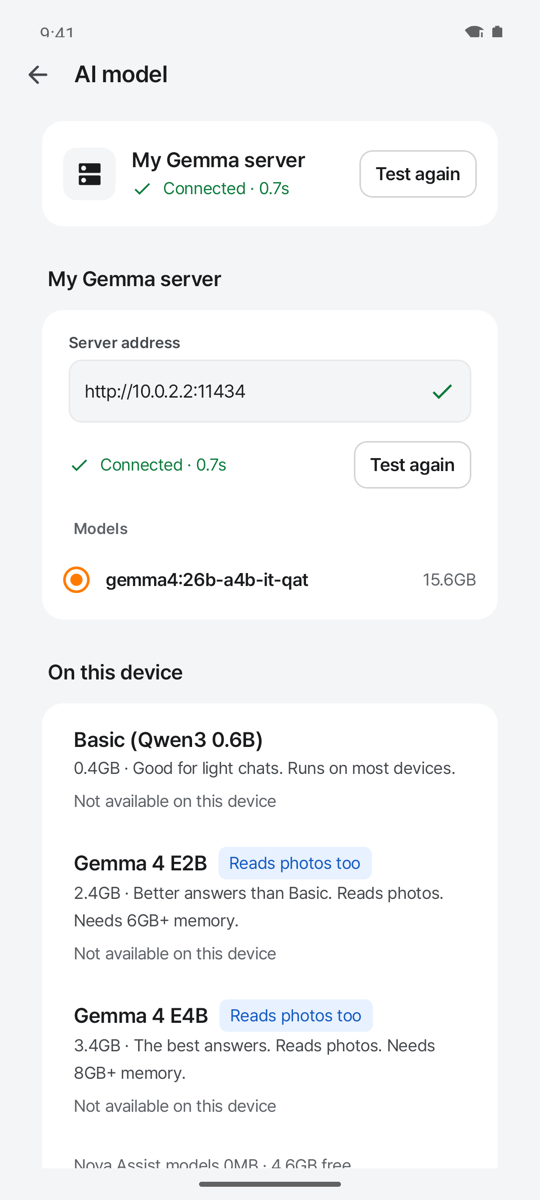 AI model: My Gemma server connected, on-device models listed