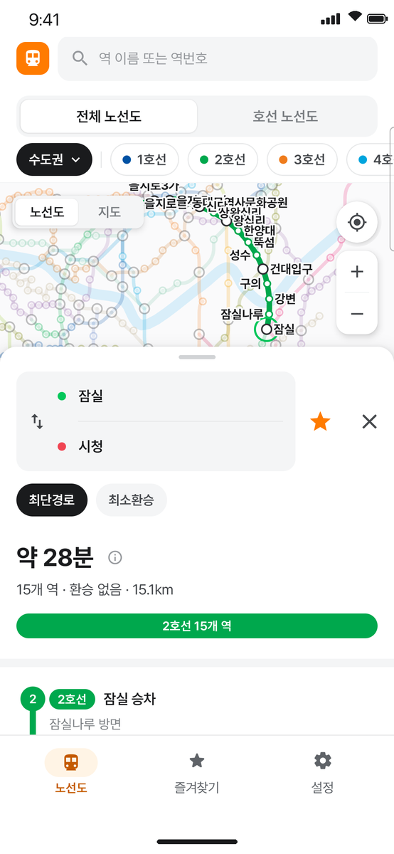 경로: 잠실에서 시청, 약 28분, 15개 역, 환승 없음