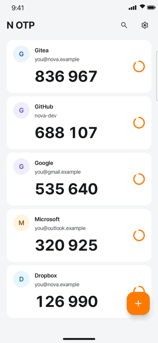Account list: codes and countdown rings for Gitea, GitHub, Google and more