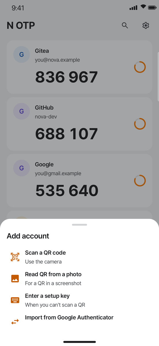 Add account: scan a QR code, read a QR from a photo, enter a setup key, import from Google Authenticator
