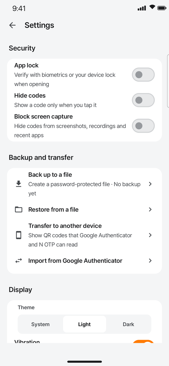 Settings: app lock, hide codes, block screen capture, backup and transfer