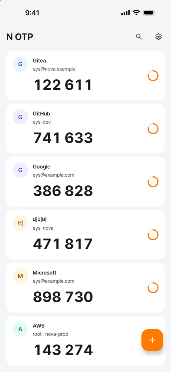 계정 목록: Gitea, GitHub, Google 등 여섯 계정의 코드와 남은 시간 원