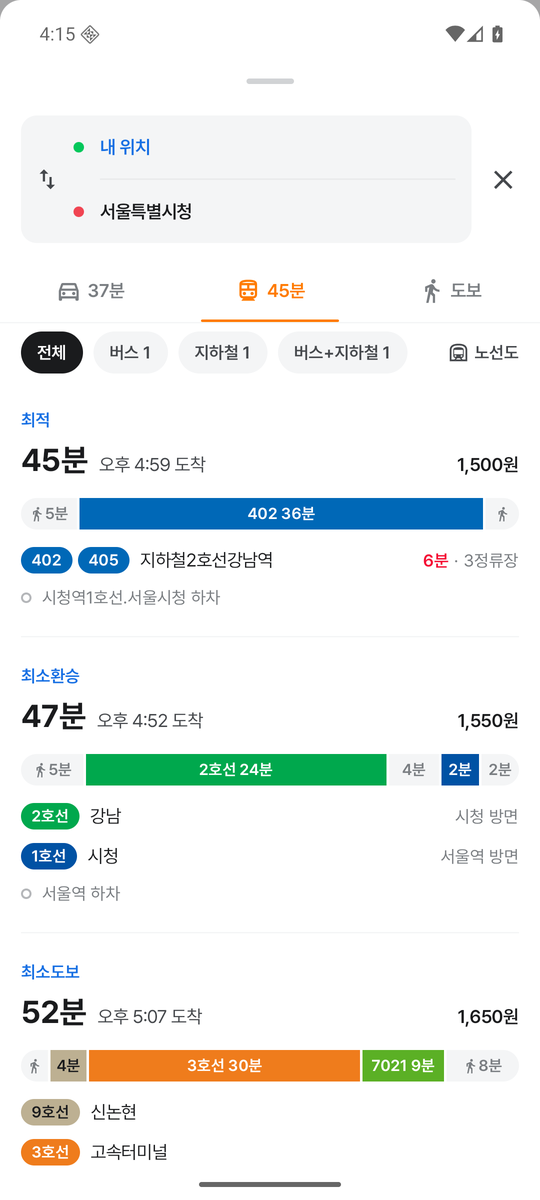 경로 결과: 최적 45분 오후 4시 59분 도착 1,500원, 최소환승 47분, 최소도보 52분, 실시간 버스 도착 6분