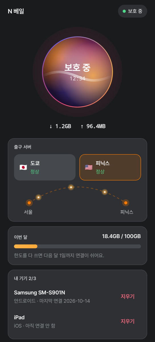 연결된 홈 화면 — 보호 중, 피닉스 경로선, 이번 달 사용량